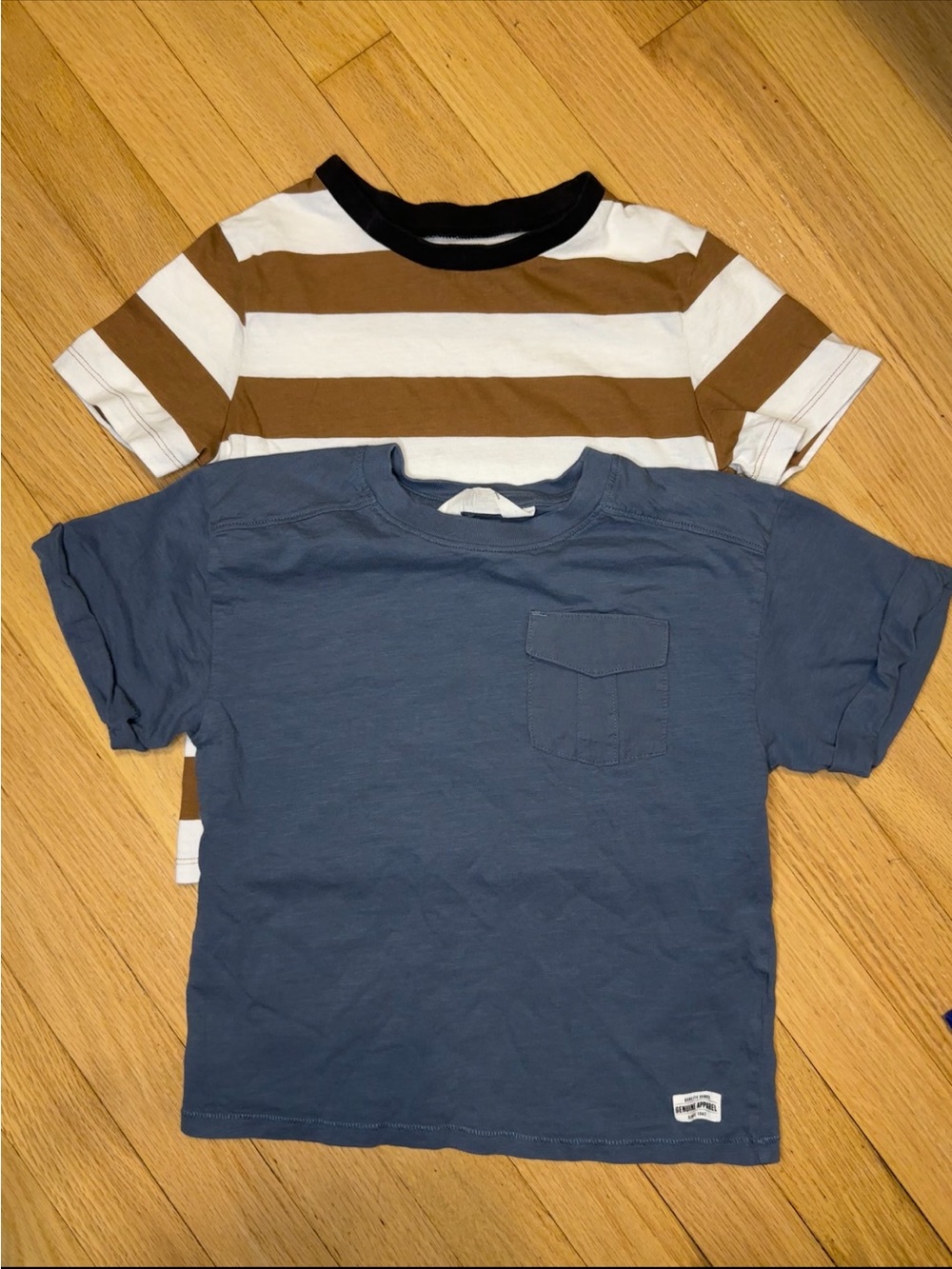 H&M size: 5/6 Striped Brown & White Tee + Solid Blue Pocket Tee - 2-Pack
